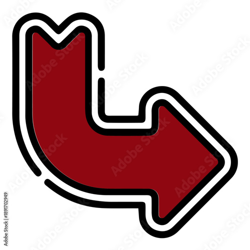 Burgundy Arrow Turning Down and Right, Direction and Growth Concept, Transparent Background