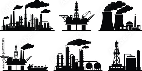 Six black industrial factory and oil rig silhouettes with smoke on white background Keywords: factory, industrial, industry, oil