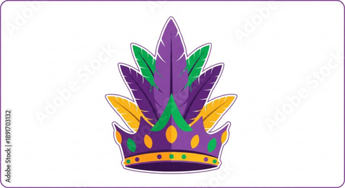 Colorful mardi gras crown with purple green and gold feathers and jewels on white
