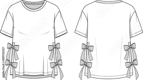 PrintTechnical flat fashion vector illustration of women’s short sleeve top with round neckline and decorative side bows, garment construction apparel design reference for fashion projects