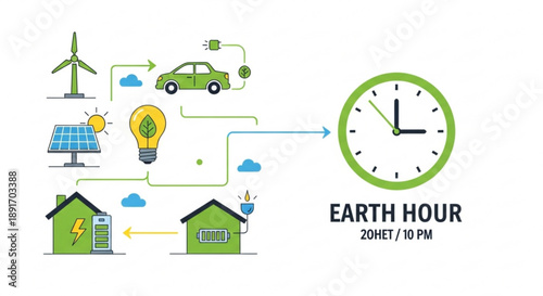 Earth hour infographic with eco friendly icons and clock