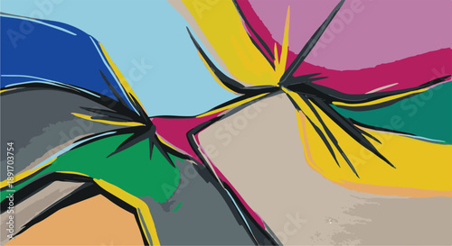 Vibrant abstract shapes collide in a dynamic composition viewed from a close-up perspective featuring geometric forms and colorful patterns