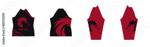 Black and Red Dragon Rash Guard Design Template with Tribal Flame Accents, Vector Artwork Pattern Template Editable, Sports Wear