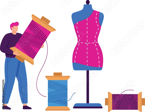 Fashion designer preparing materials next to a dress form with a tailor holding a massive spool of bright pink thread for garment creation projects