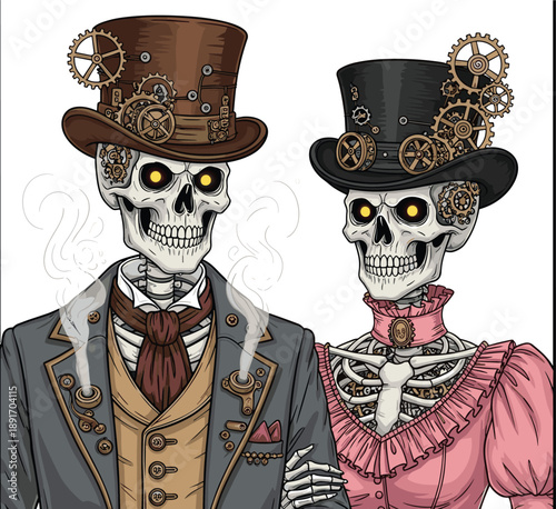 PrintVector illustration of skeleton couple in elaborate steampunk Victorian clothing with gears, hats and accessories, creative gothic fashion art concept for Halloween, fantasy and design themes
