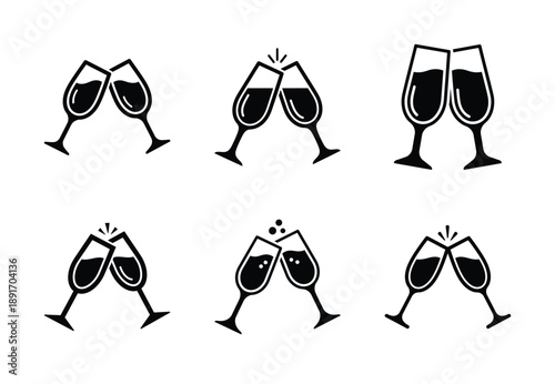 Collection of a black champagne glasses vector icon set. valentines day silhouette icons.