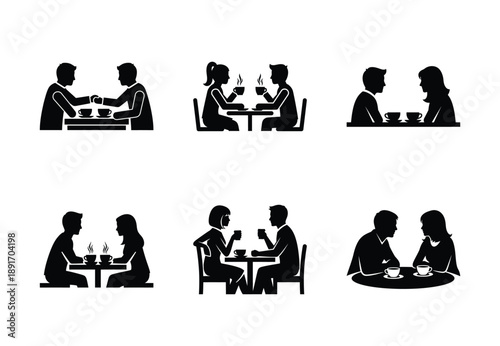 Collection of a black couple coffee date vector icon set. valentines day silhouette icons.
