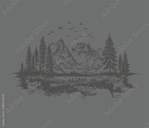 Black and white illustration of fantasy castle with towers and moat