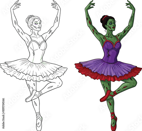PrintVector illustration of zombie ballerina in elegant dance pose with tutu, ballet shoes and decayed features, creative horror fantasy art concept for Halloween and entertainment themes