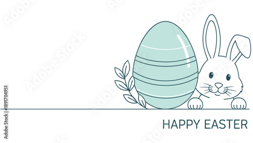 Easter Bunny and Egg with Spring Leaves - Happy Easter Text