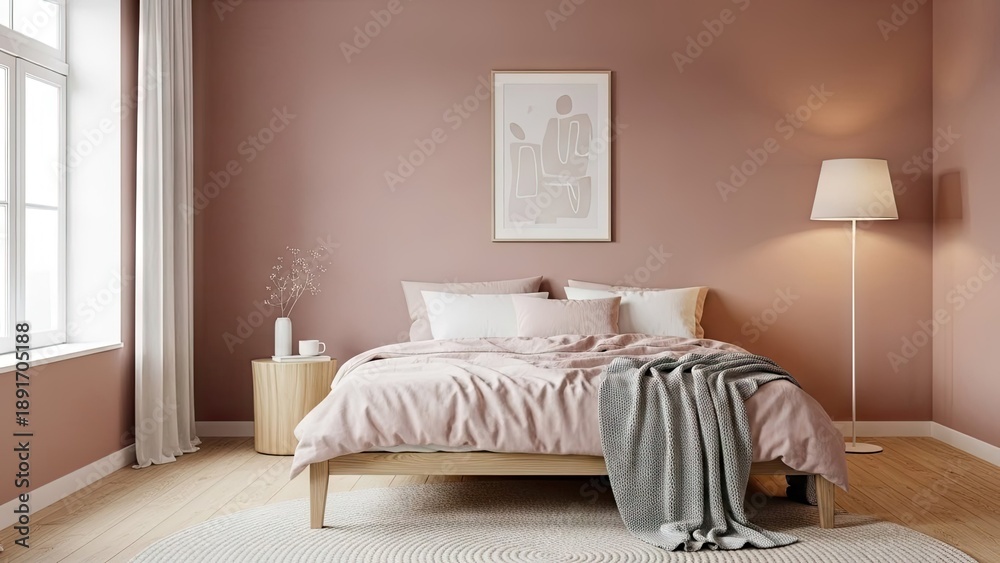 Fototapeta premium Modern bedroom interior design with bed and lamp neutral colors