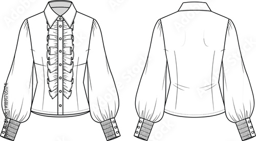 PrintVector, technical, flat, sketch, of, a, women, long, bishop, sleeve, blouse, with, ruffled, front, placket, button, down, closure, and, gathered, puff, sleeve, design, details