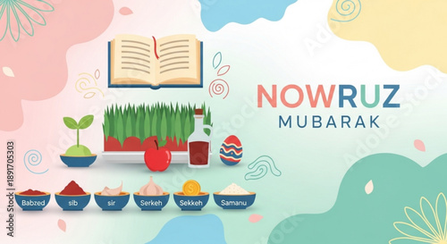 Nowruz mubarak celebration with traditional items and food