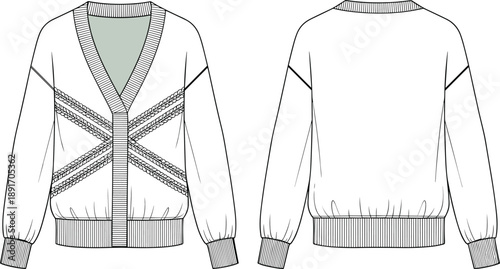 PrintVector, technical, flat, sketch, of, a, women, oversized, V, neck, cardigan, with, button, closure, drop, shoulders, and, decorative, cable, knit, texture, details