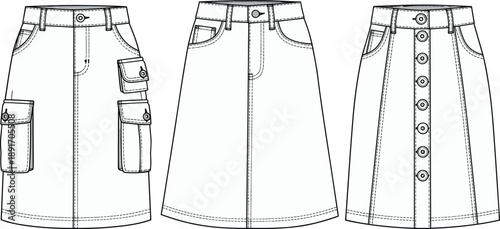 PrintVector, technical, flat, sketches, of, various, women, denim, skirts, including, a, cargo, style, with, pockets, and, a, button, down, front, mini, skirt, template