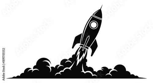 A dynamic illustration depicts a rocket launching with fiery exhaust showcasing space exploration and ambition a striking silhouette