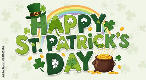Happy st patrick's day celebration with rainbow and pot of gold
