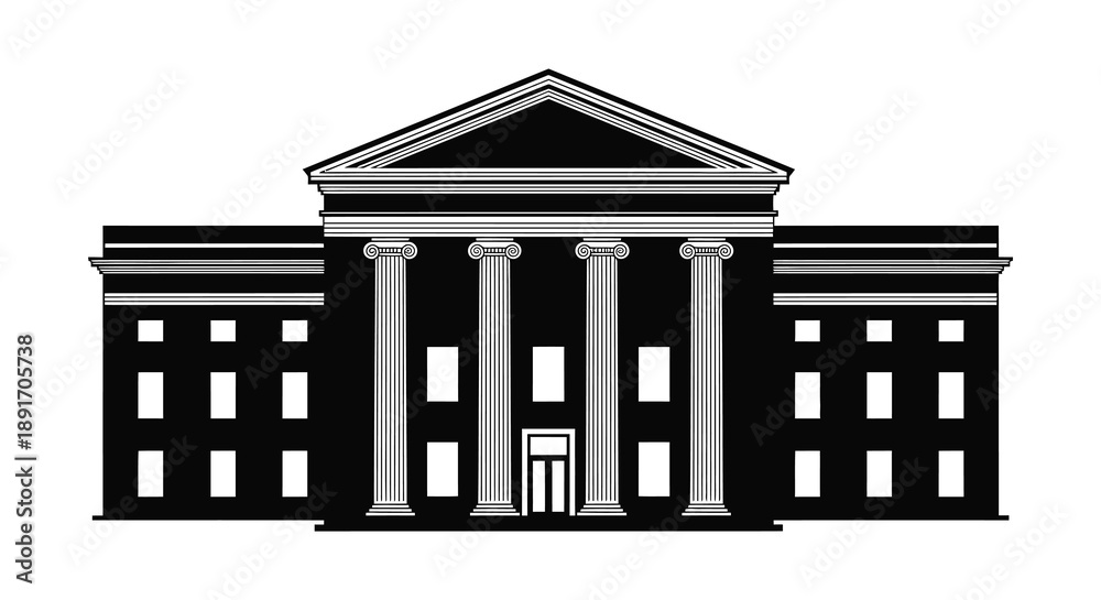 Fototapeta premium A stark black silhouette of a classical building with columns and a pediment conveying architectural elegance silhouette