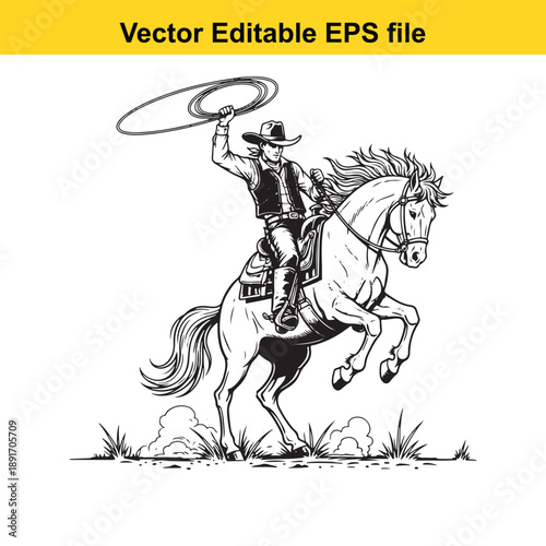  cowboy riding horse with lasso isolated on white background