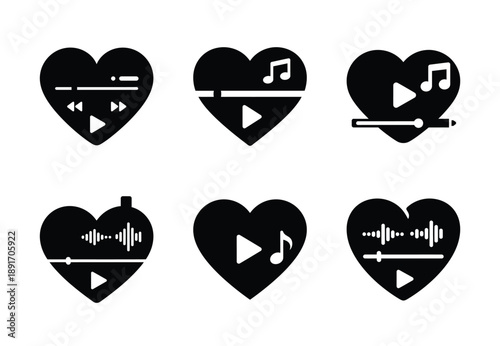 Collection of a black heart music player vector icon set. valentines day silhouette icons.
