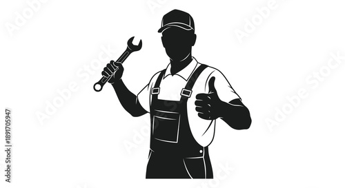 A skilled mechanic wearing overalls and a cap confidently displays a wrench with a thumbs up silhouette high quality