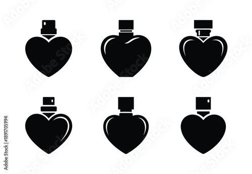 Collection of a black heart perfume bottle vector icon set. valentines day silhouette icons.