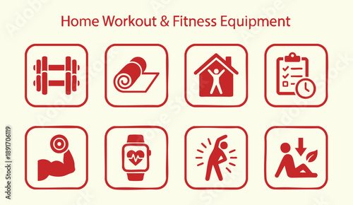 Home workout and fitness icons for healthy lifestyle and exercise routine