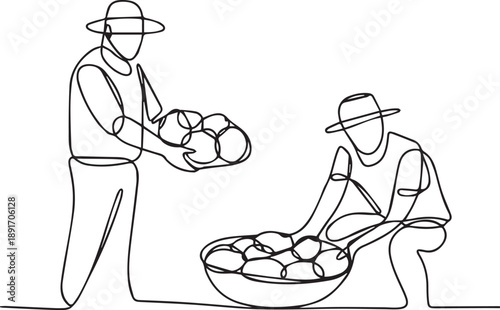 Two farmers sorting fresh produce in an outdoor setting from a side view