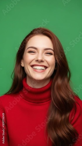 Young woman with long brown hair smiles at camera against green screen background. Studio portrait of smiling happy girl with freckles.
