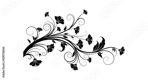 An elegant floral swirl design featuring delicate leaves and ornate curls presented as a dark silhouette high quality