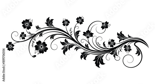 An elegant floral swirl design featuring dark blossoms and curling vines presented as a striking silhouette high quality