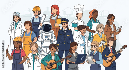 Diverse professionals and creatives in various occupations standing together