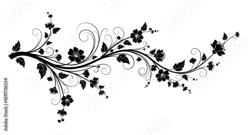 An elegant floral branch design featuring swirling vines delicate blossoms and leaves presented as a striking silhouette