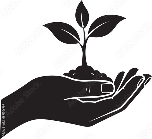 Hand holding a small plant with leaves in soil from a nurturing viewpoint as an illustration eps file
