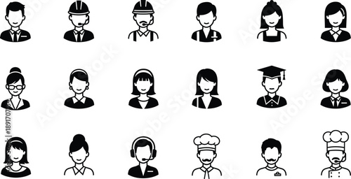 Black and white of people in various professions people professions people professions, occupations, avatars, black and white, simple business, education, healthcare, chef, engineer, student, black, w