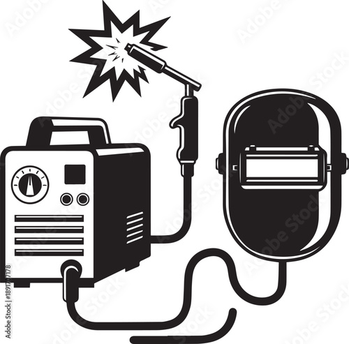 Welding equipment and protective gear, welding machine, torch, helmet, sparks, industrial workspace, vector illustration