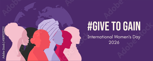 Hashtag give to gain international Womens Day 2026 banner template. Female silhouettes with world map on purple background.