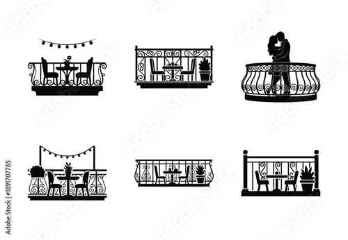 Collection of a black romantic balcony vector icon set. valentines day silhouette icons.