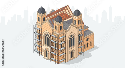 Illustration of a Church Under Construction with Scaffolding.