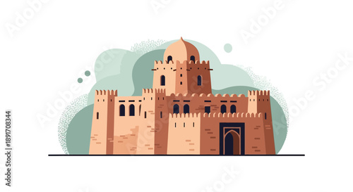 Illustration of a Middle Eastern Fort with a Dome.