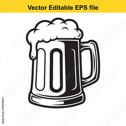 vsai Editable vector beer mug with foam on top in black and white for pub or restaurant design