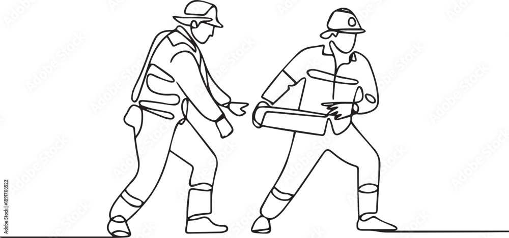 Fototapeta premium Two workers carrying a heavy object together in a workplace setting