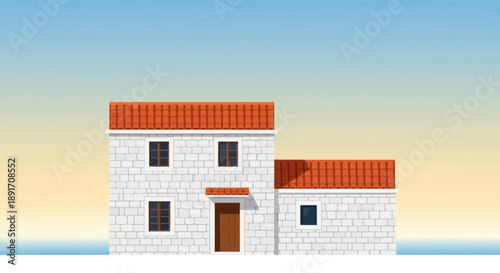 Illustration of a TwoStory House with Orange Roof.
