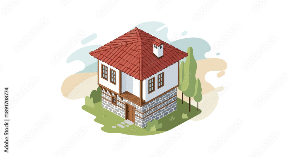 Fototapeta premium Isometric Illustration of a Traditional Balkan House with Red Tile Roof.