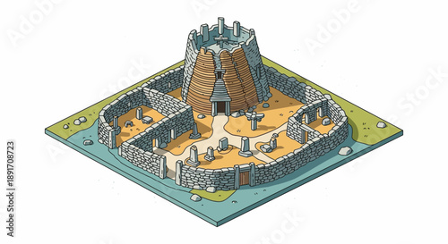 Isometric Illustration of a Medieval Ringfort with Tower.