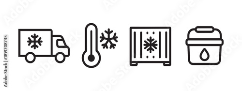 Cold chain logistics and refrigerated transportation line icon set
