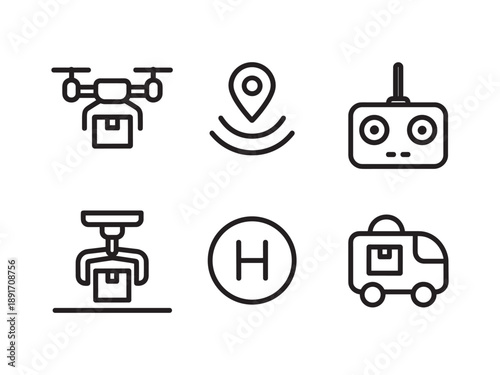 Modern Delivery Technology and Autonomous Drone Line Icon Set