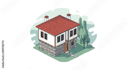 Isometric Illustration of a Traditional House with Stone Foundation and Red Tile Roof.