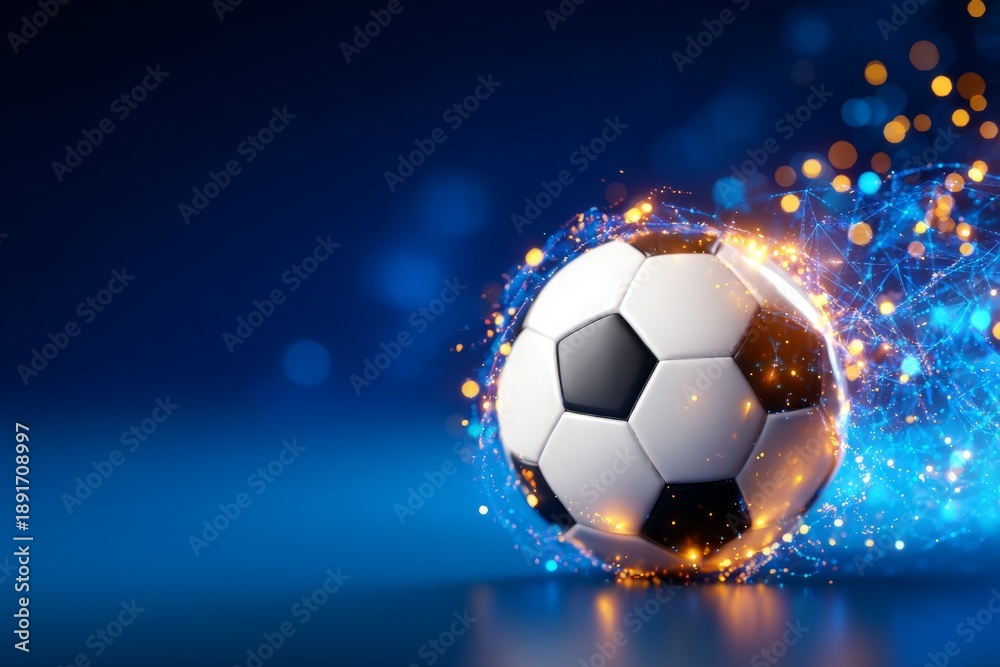 Naklejka premium Glowing Abstract 3D Soccer Ball with Dark Blue Background and Effects