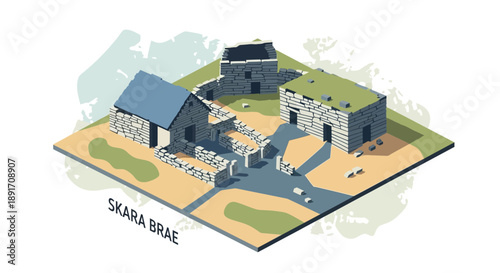 Isometric Illustration of Skara Brae Neolithic Settlement in Scotland.